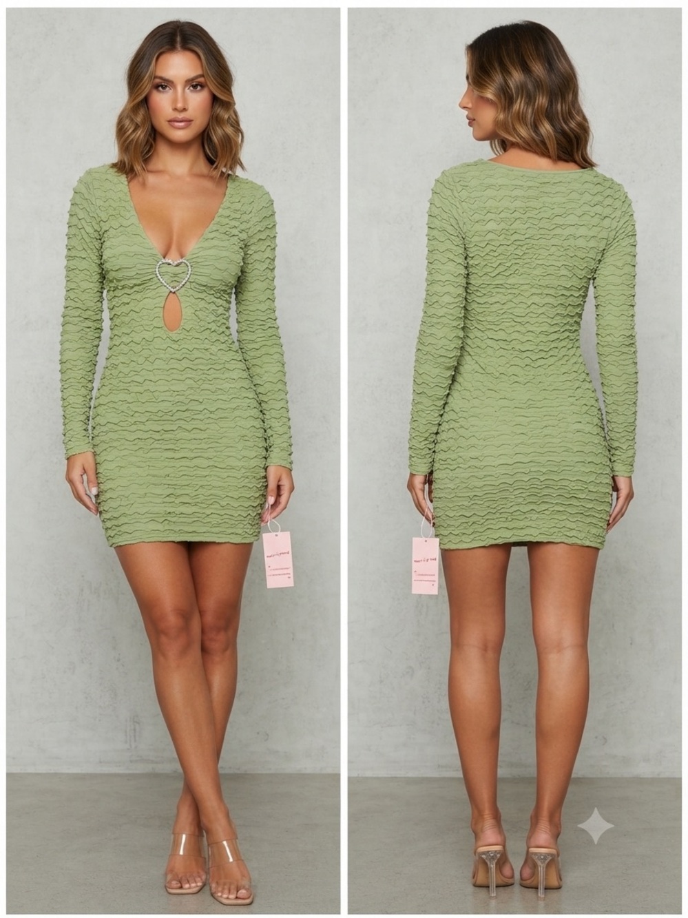 Bailey Rose Womens Mini Dress Green Small Rhinestone Heart Popcorn Long Sleeve
